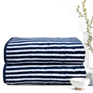Super Soft Pack of 2 Pcs Cotton Bath Towel Set Blue Stripe