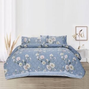 Luxury 3 Pcs Bed Spread - Cadet Grey Flower | Bedding N Bath