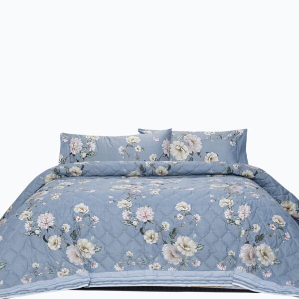 Luxury 3 Pcs Bed Spread - Cadet Grey Flower | Bedding N Bath
