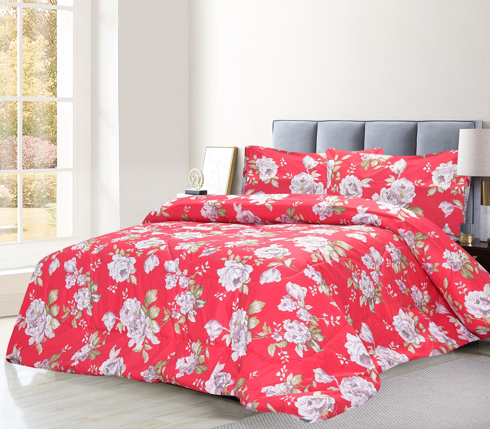 Breathable 3 Pcs Comforter Sets - Red Flower | Bedding N Bath